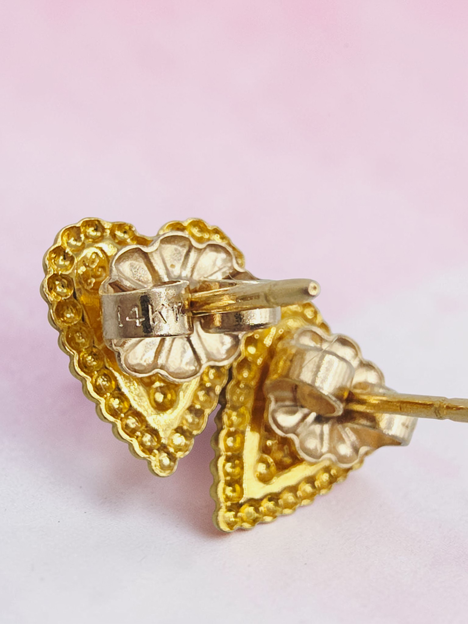 Black Hills Solid 14K Tri Color Gold Grape Leaf Beaded Heart Stud Earrings