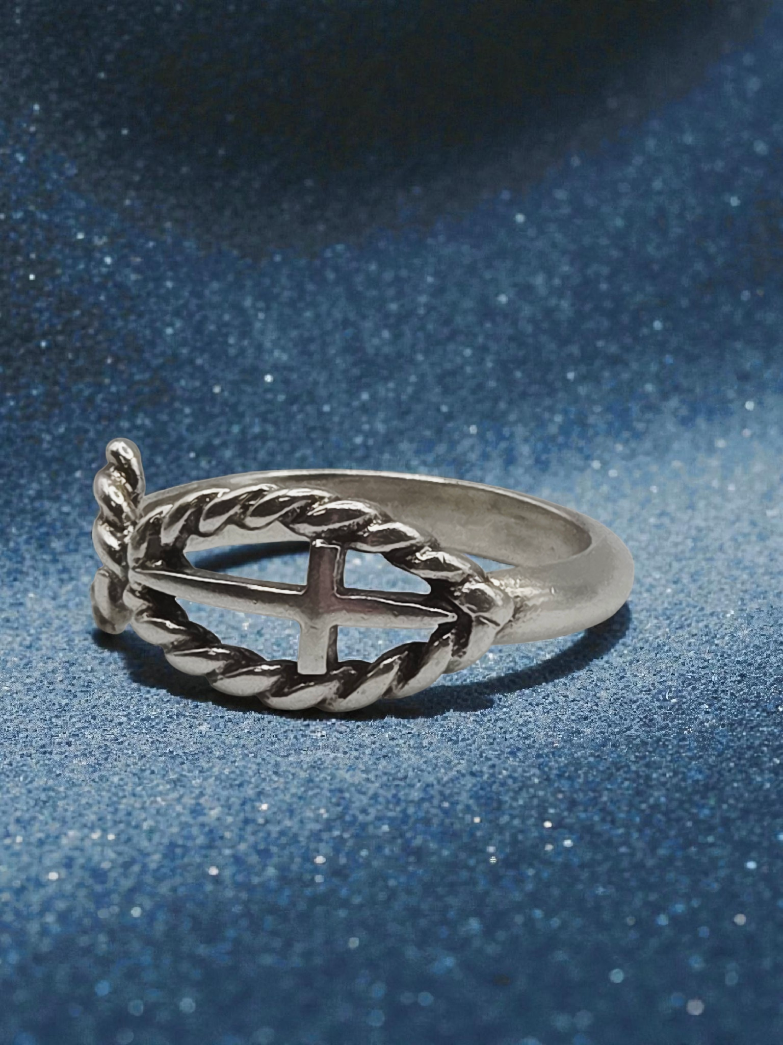 RETIRED James Avery Twisted Cable Ichthus Cross Silver Ring - Sz 5