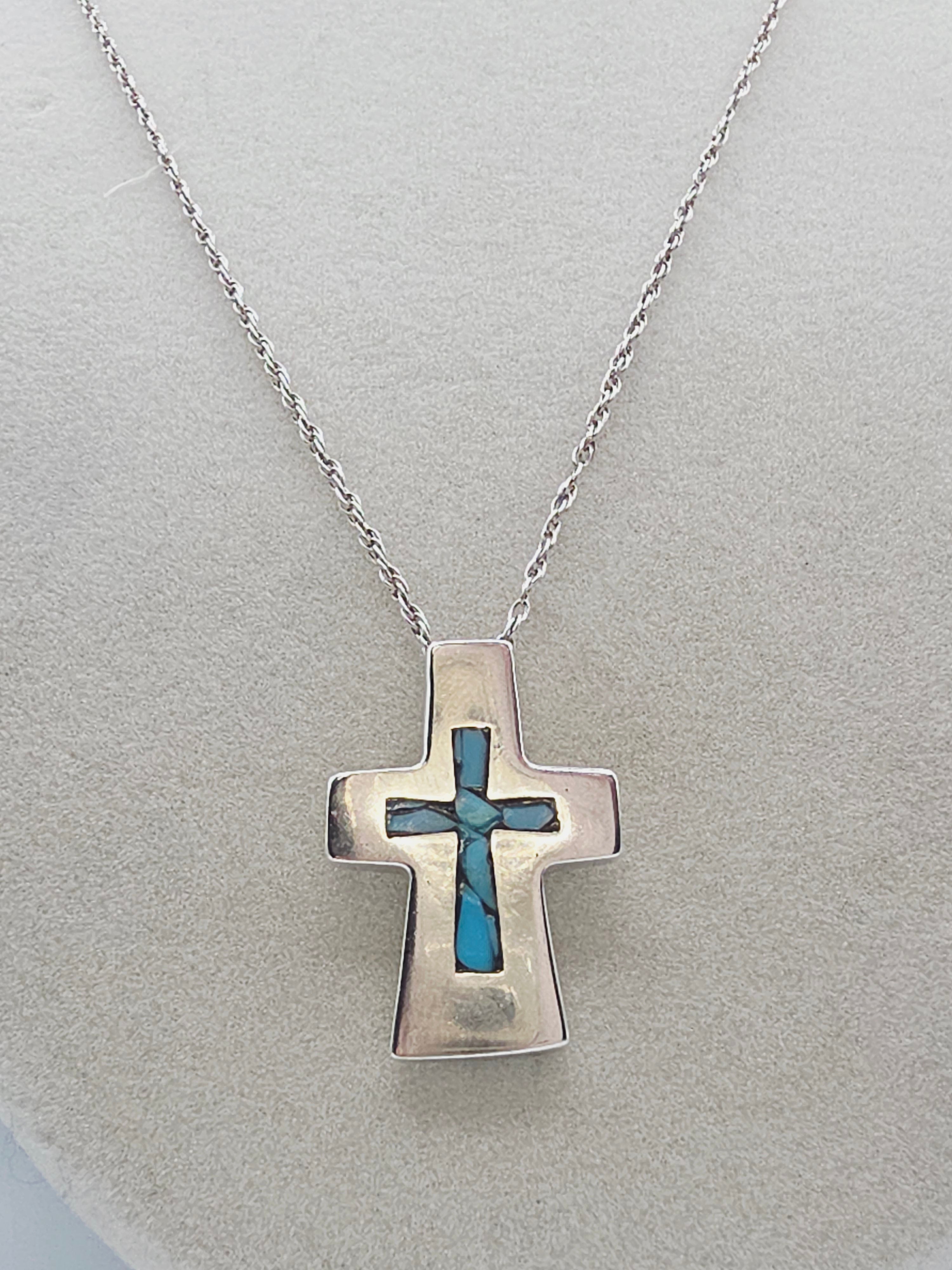 925 Sterling Silver Cross with Blue Inlay Pendant Necklace – 19 Inch