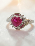 Solid 10K White Gold Heart Ruby Ring with White Topaz Accents - Size 6.75