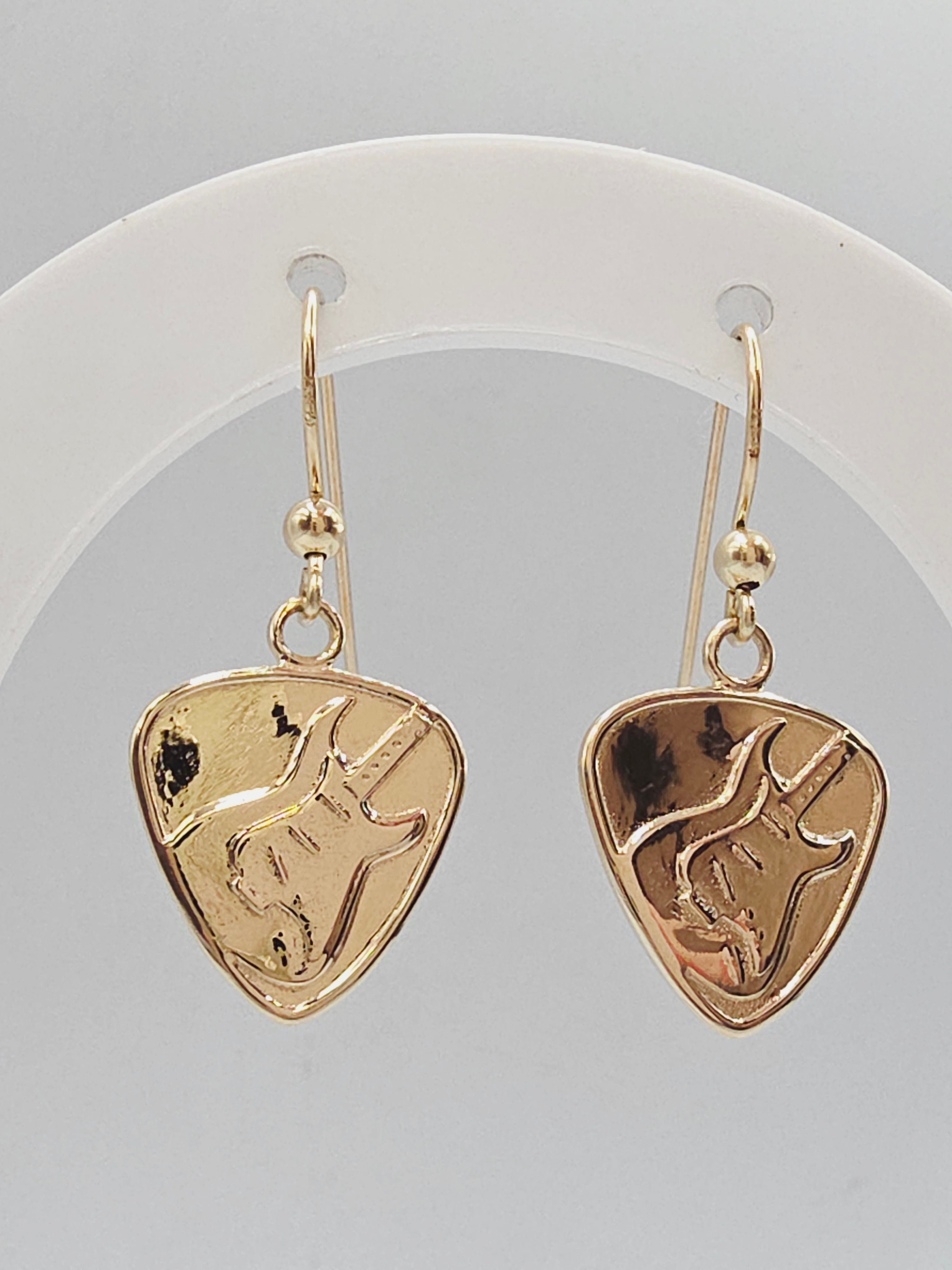 Jeffrey David Guitar Pick Solid 14K Yellow Gold Dangle Earrings Music