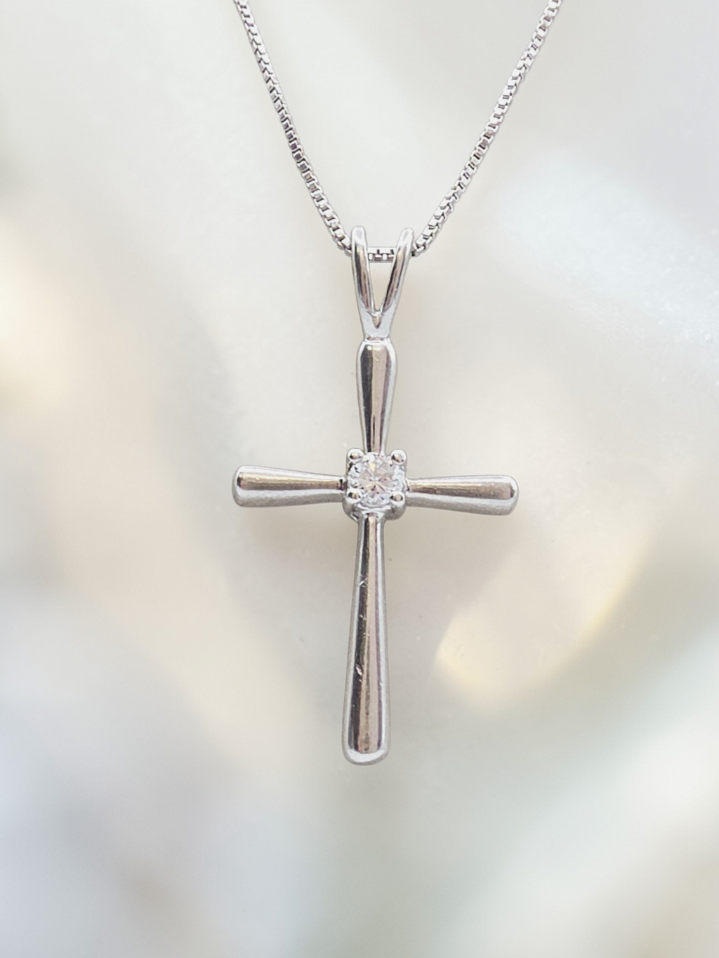 Sterling Silver Cross Pendant Boxchain Necklace with CZ Accent - 20 Inch
