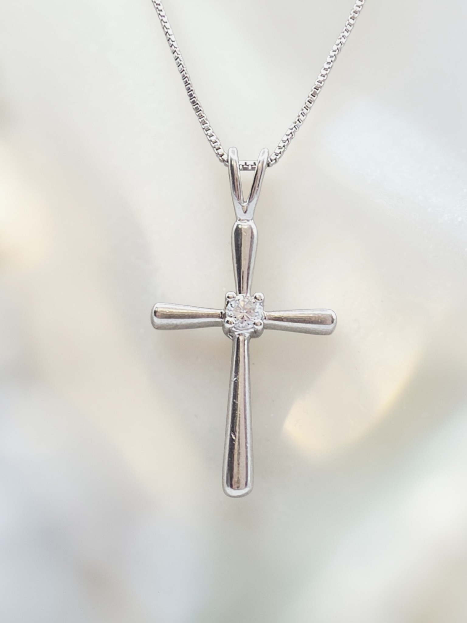 Sterling Silver Cross Pendant Boxchain Necklace with CZ Accent - 20 Inch