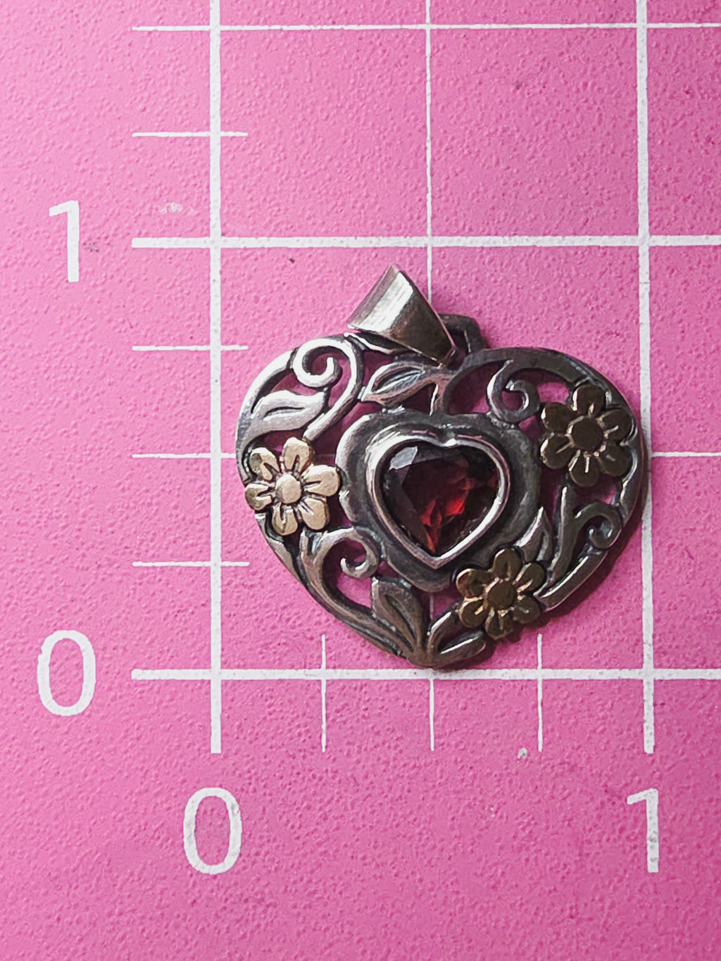 RETIRED James Avery Sterling Silver Garnet Heart Pendant with Solid 14K Flowers