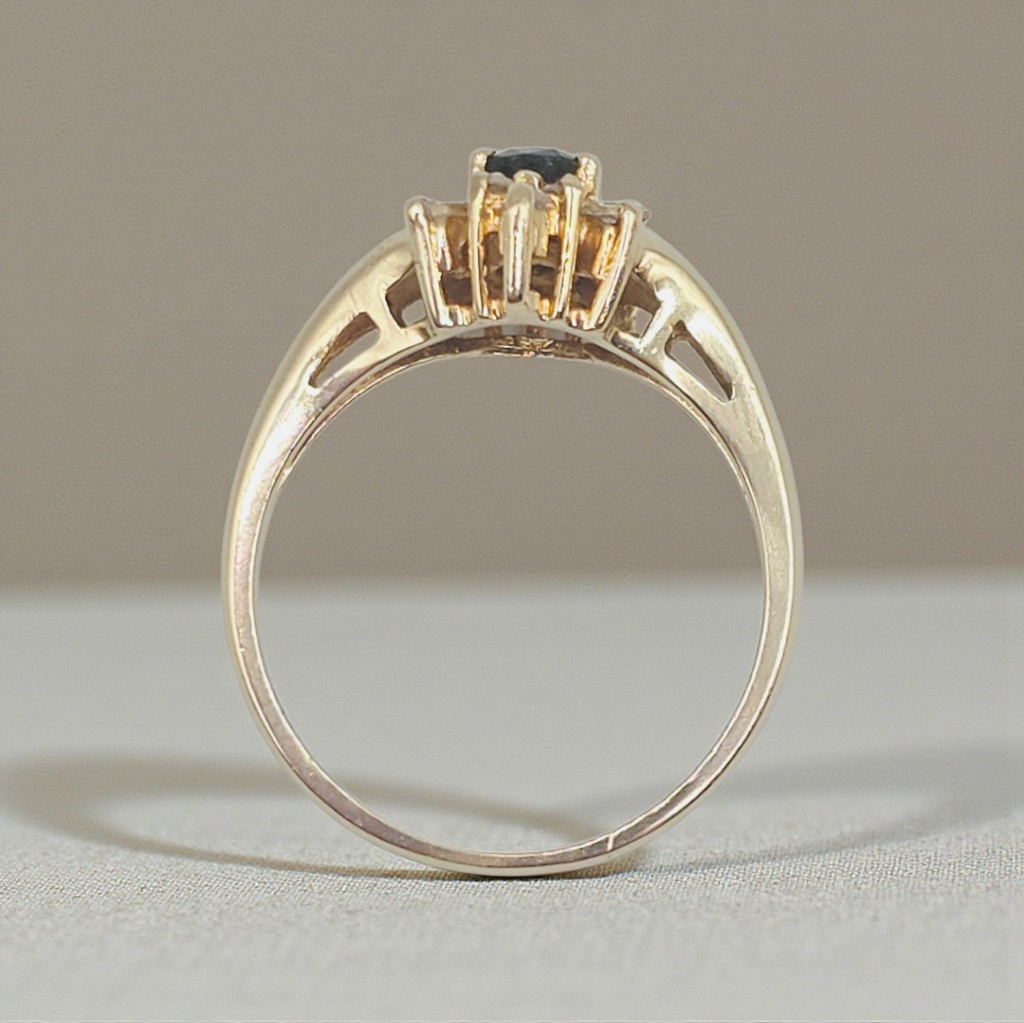 Solid 14K Yellow Gold Ring with Blue Sapphire and Diamond Accents – Size 6.5