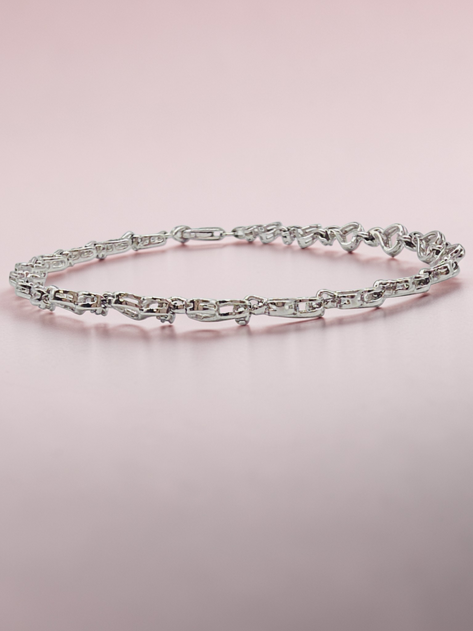 Solid 10K White Gold Heart Link Bracelet with Diamond Accents - 7.25 Inch