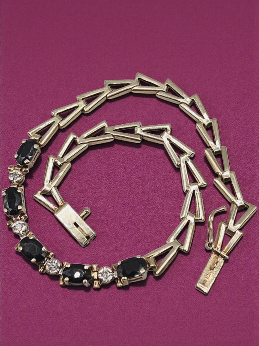 Solid 10K Yellow Gold Bracelet with Blue Sapphires and Diamonds - 7.25 Inch