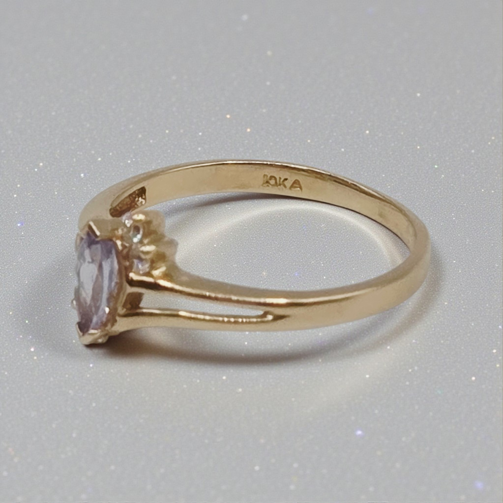 Solid 10K Yellow Gold Ring with Marquise Cut Tanzanite and CZ Accents Size 5.75