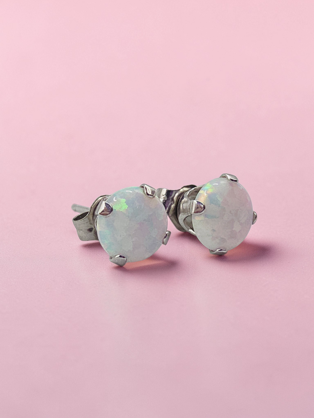 Solid 10K White Gold Opal Stud Earrings Round Cabochon October Birthstone