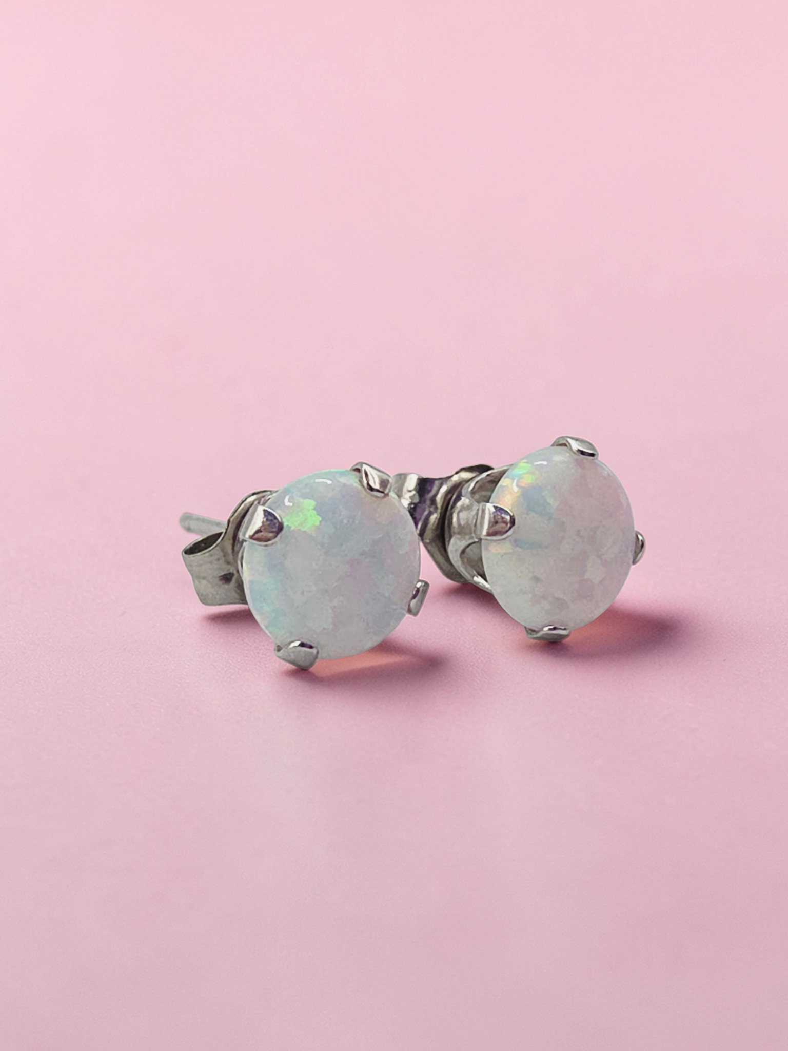 Solid 10K White Gold Opal Stud Earrings Round Cabochon October Birthstone