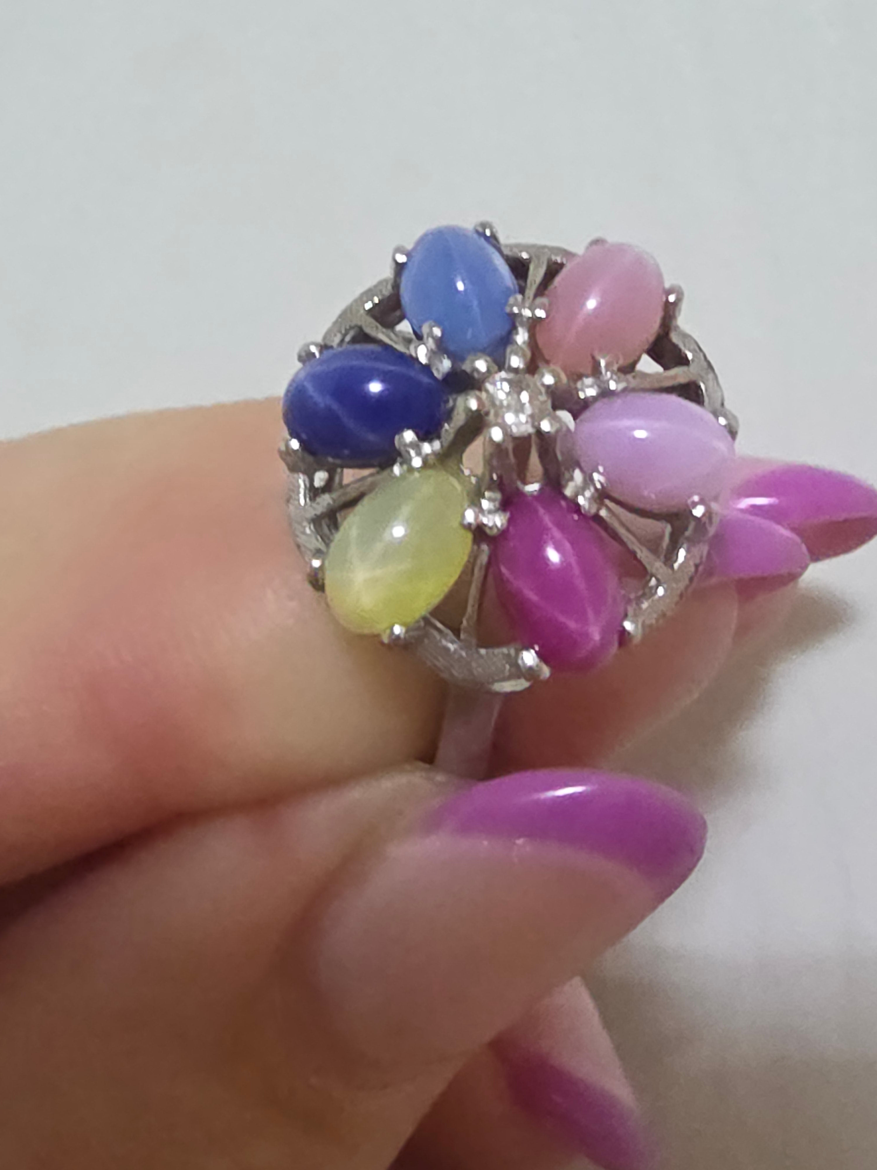 Stunning Solid 10K White Gold Diamond & Rainbow Star Sapphire Halo Ring - Size 6