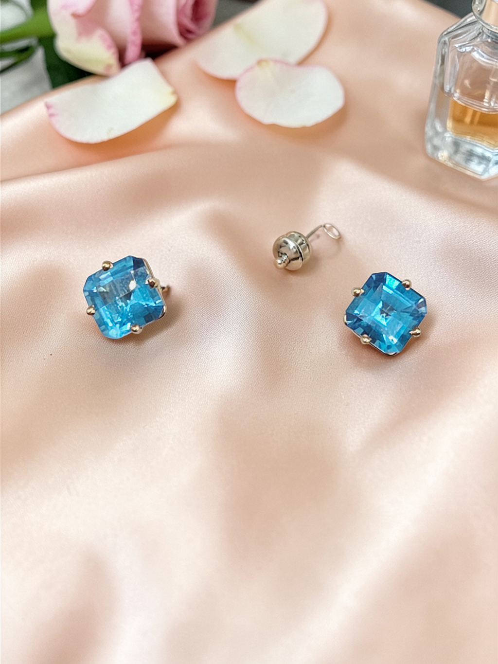 Solid 14K Yellow Gold Cushion Cut Blue Topaz Stud Earrings