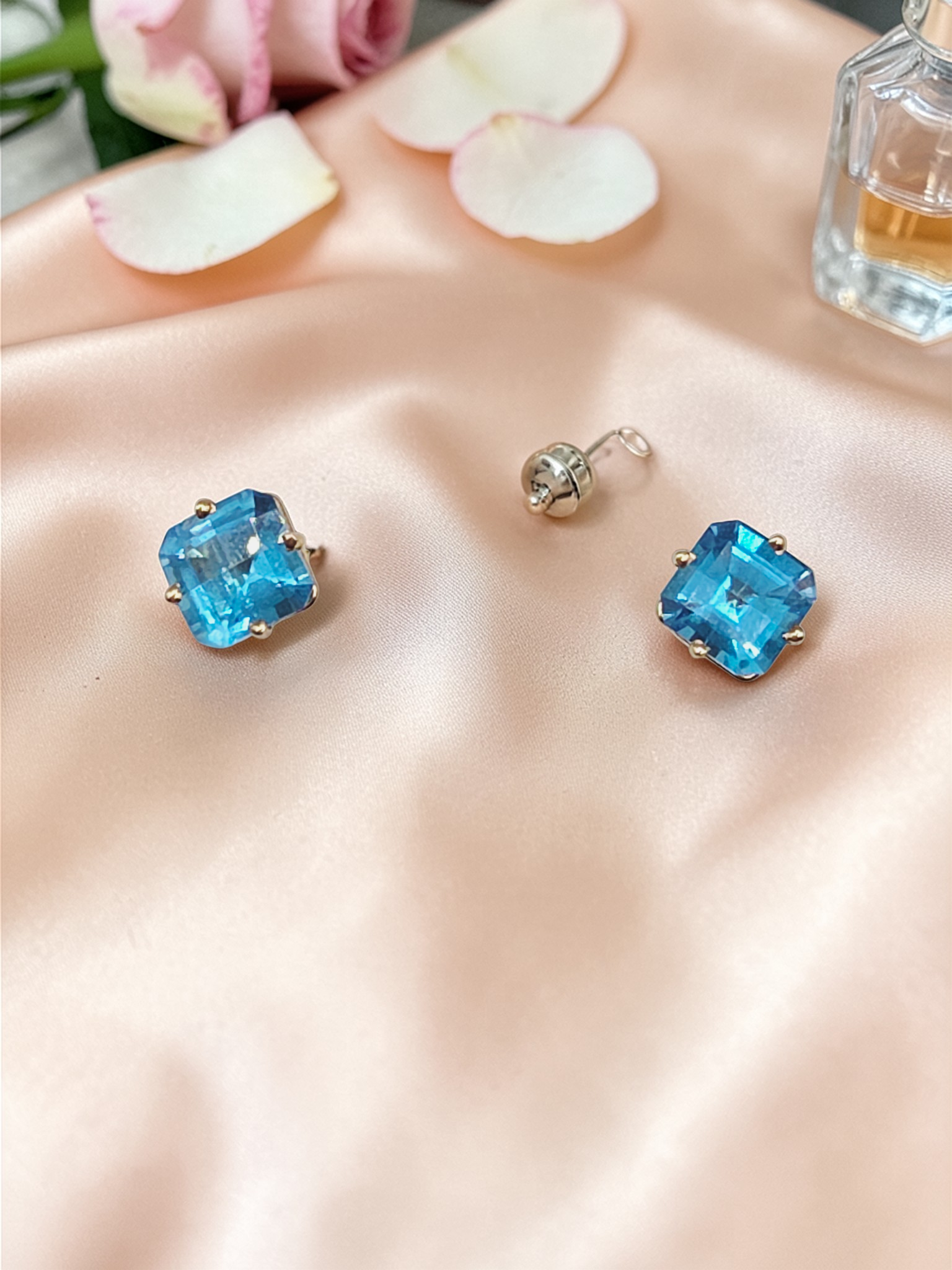 Solid 14K Yellow Gold Cushion Cut Blue Topaz Stud Earrings