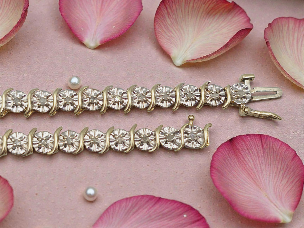 Solid 10K Yellow & White Gold Diamond Tennis Bracelet - 7 Inches