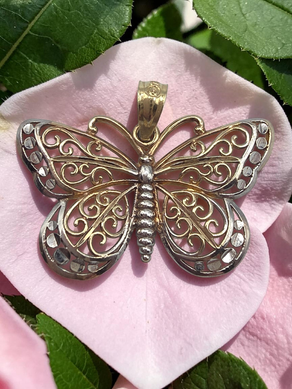Solid 10K Two Tone Gold Filigree Butterfly Pendant Openwork Scrollwork