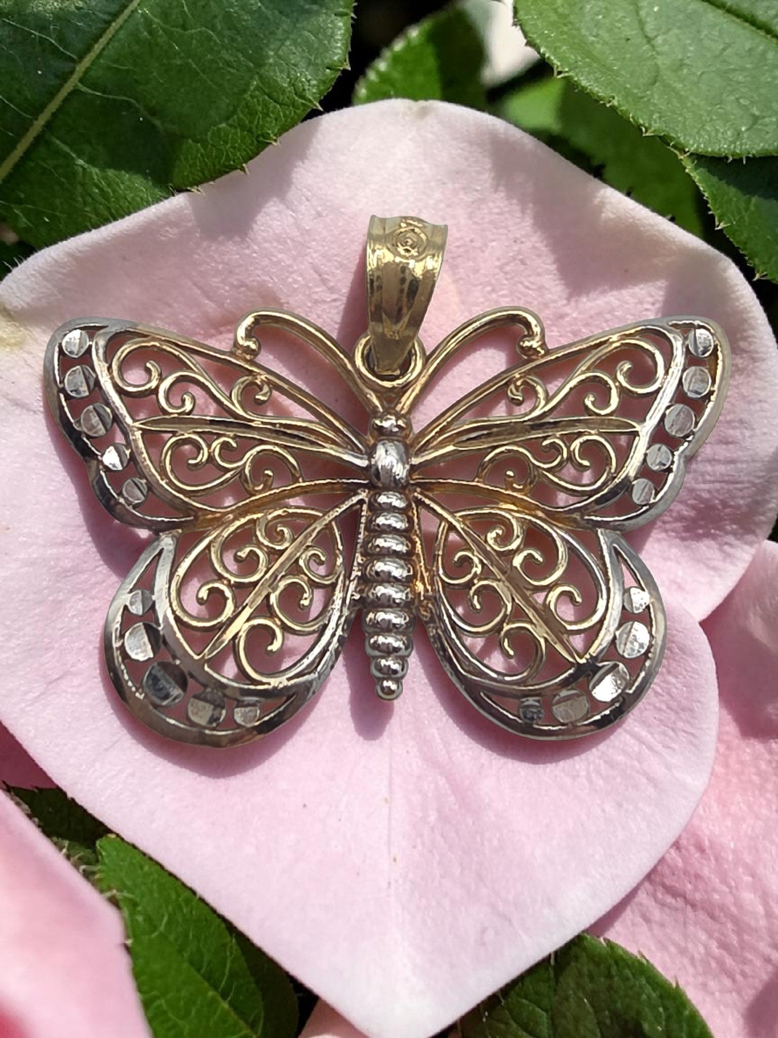 Solid 10K Two Tone Gold Filigree Butterfly Pendant Openwork Scrollwork