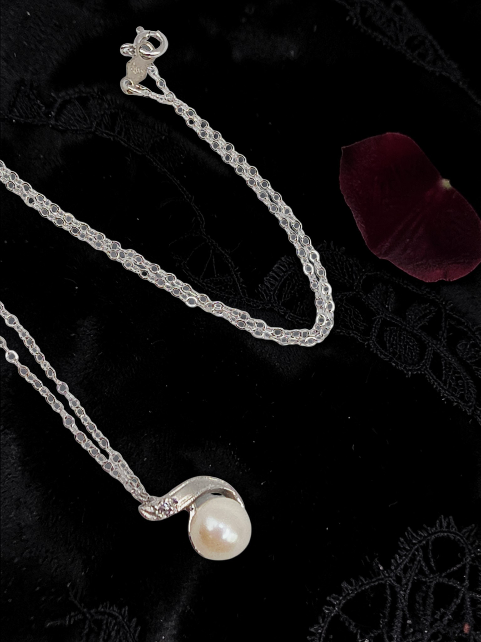 Solid 14K White Gold Necklace with Pearl and Diamond Pendant - 14.5 Inch