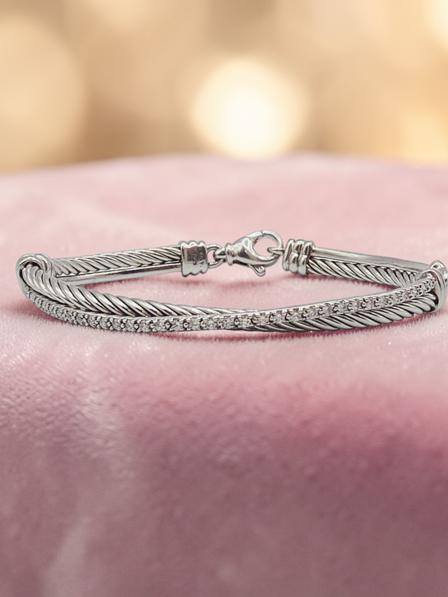 David Yurman Sterling Silver Crossover Bracelet with Diamonds - 6.75 Inch