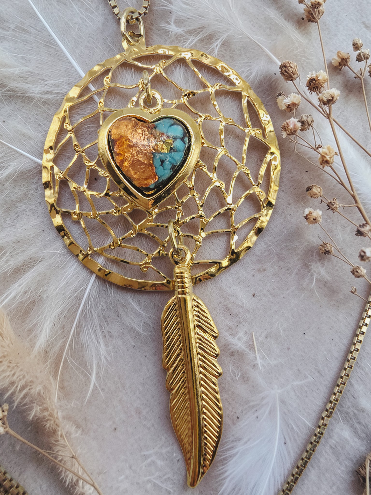 Turquoise Heart Feather Dreamcatcher Pendant with Sterling Silver Italy Necklace
