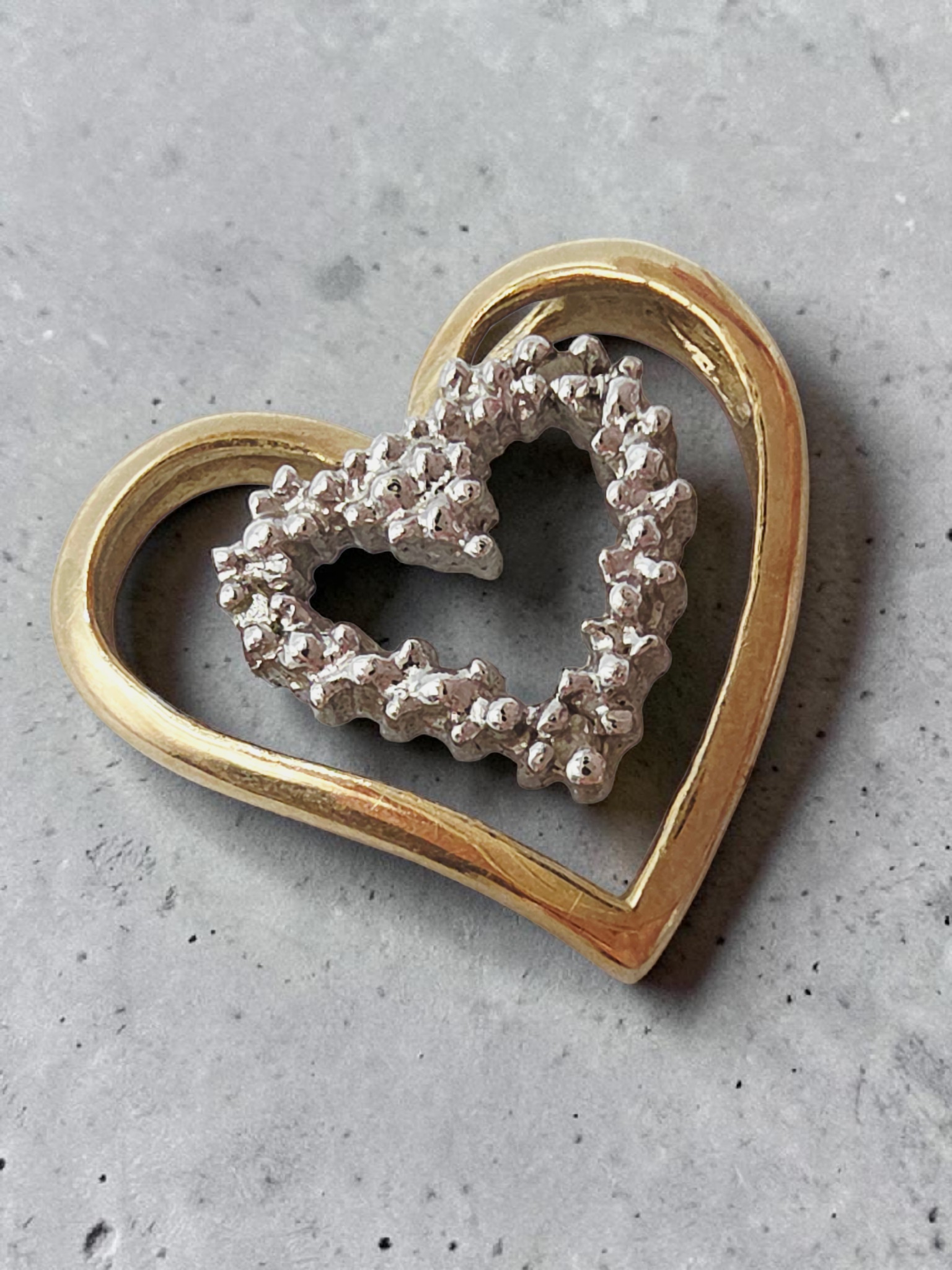 Solid 10K Two Tone Gold Double Heart Pendant 3 Diamond Accents Yellow White