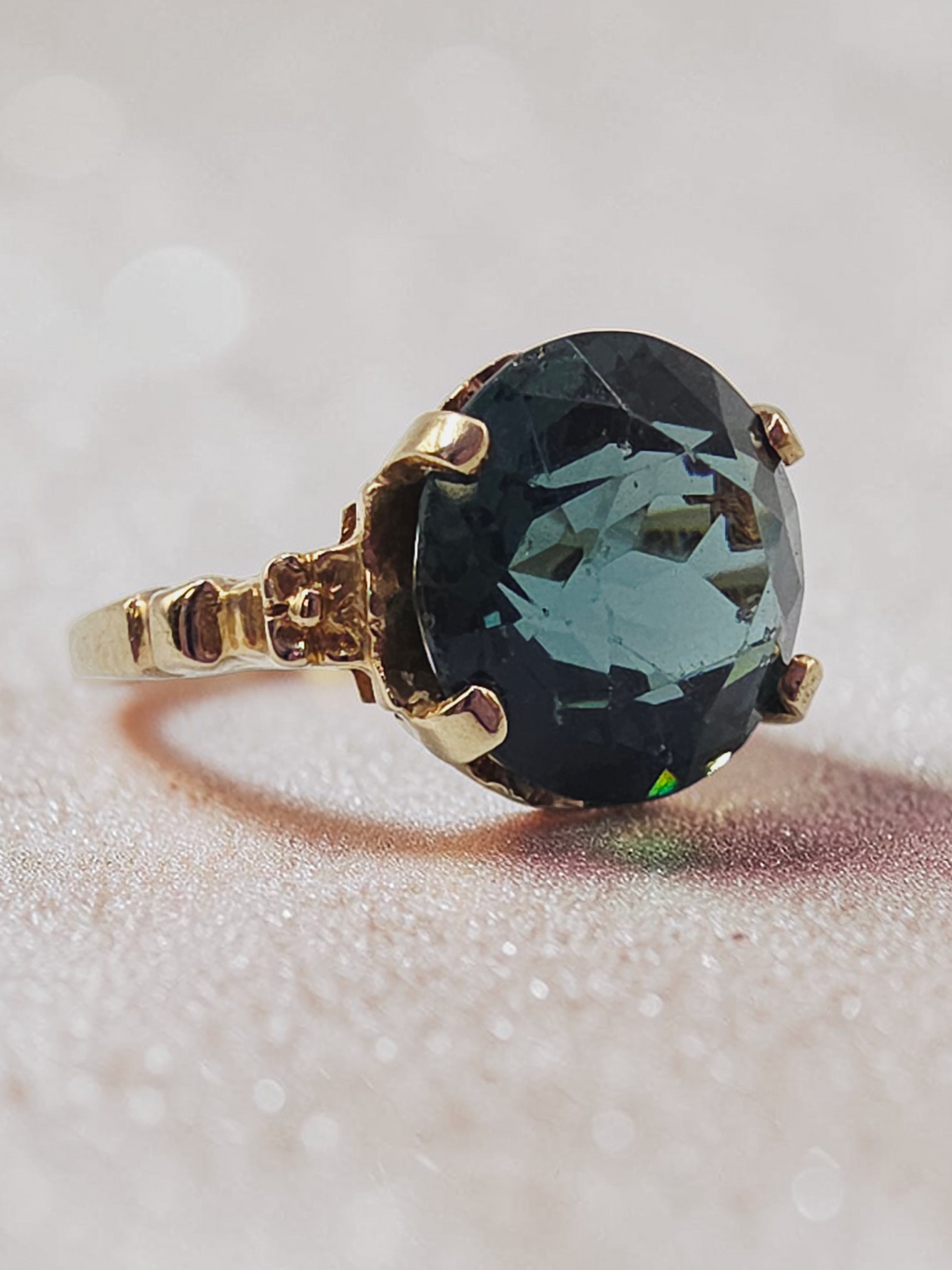 Solid 10K Yellow Gold Ring with Large Round-Cut Teal CZ– Size 5