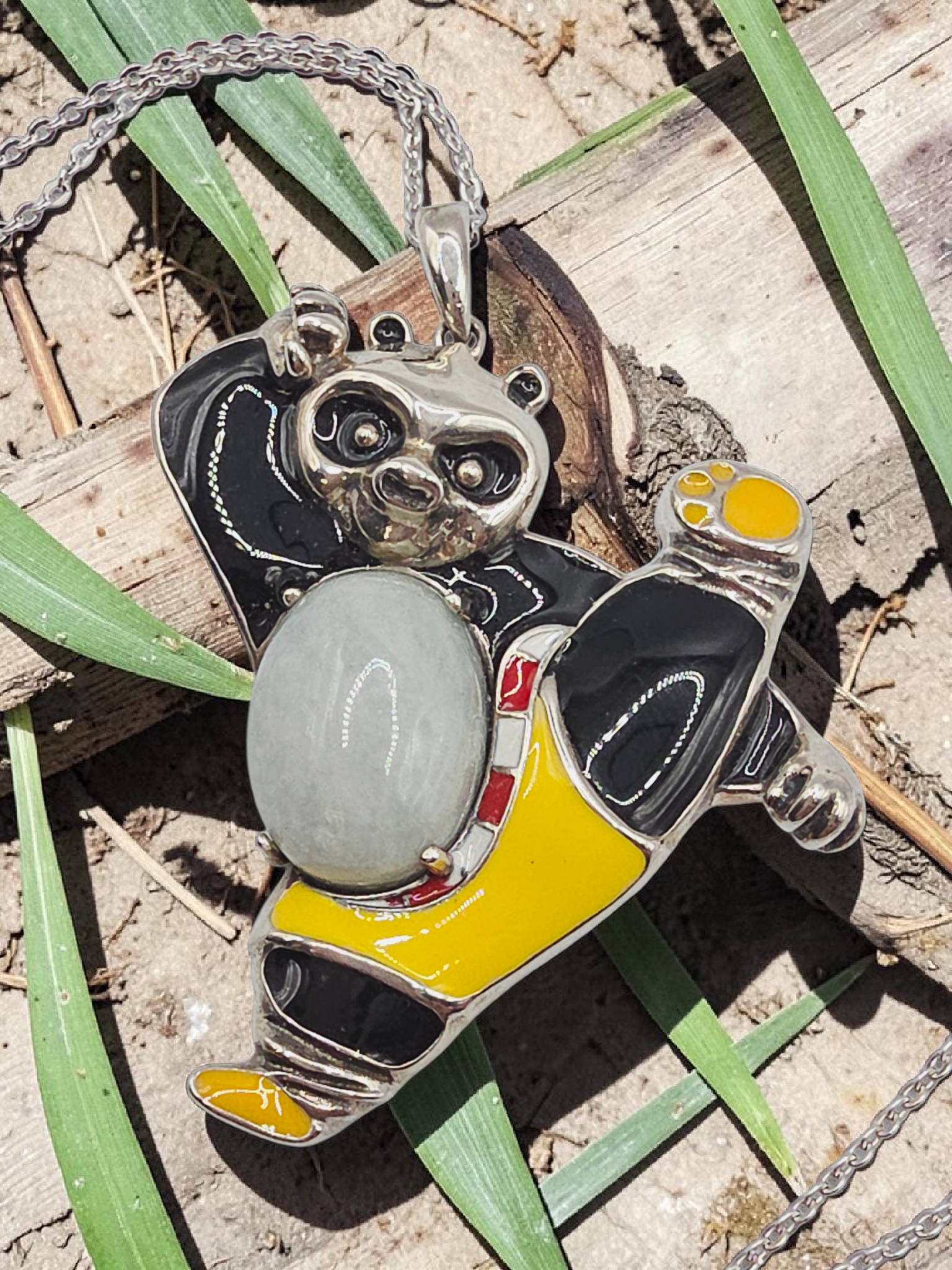 Sterling Silver Kung Fu Panda Pendant Necklace with Jade & Enamel - 18 Inch
