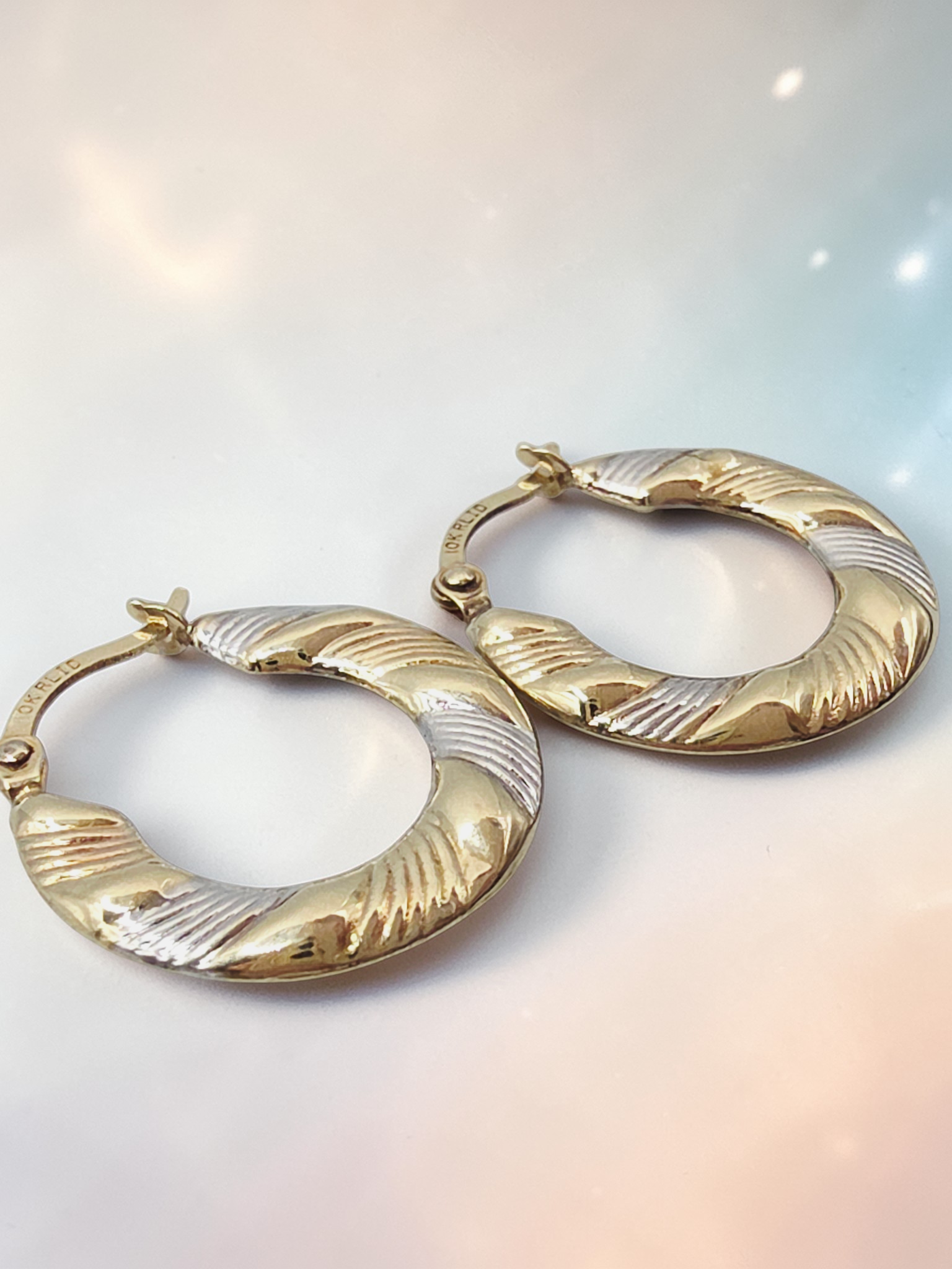 Solid 10K Two-Tone Gold Ribbed Textured Hoop Earrings