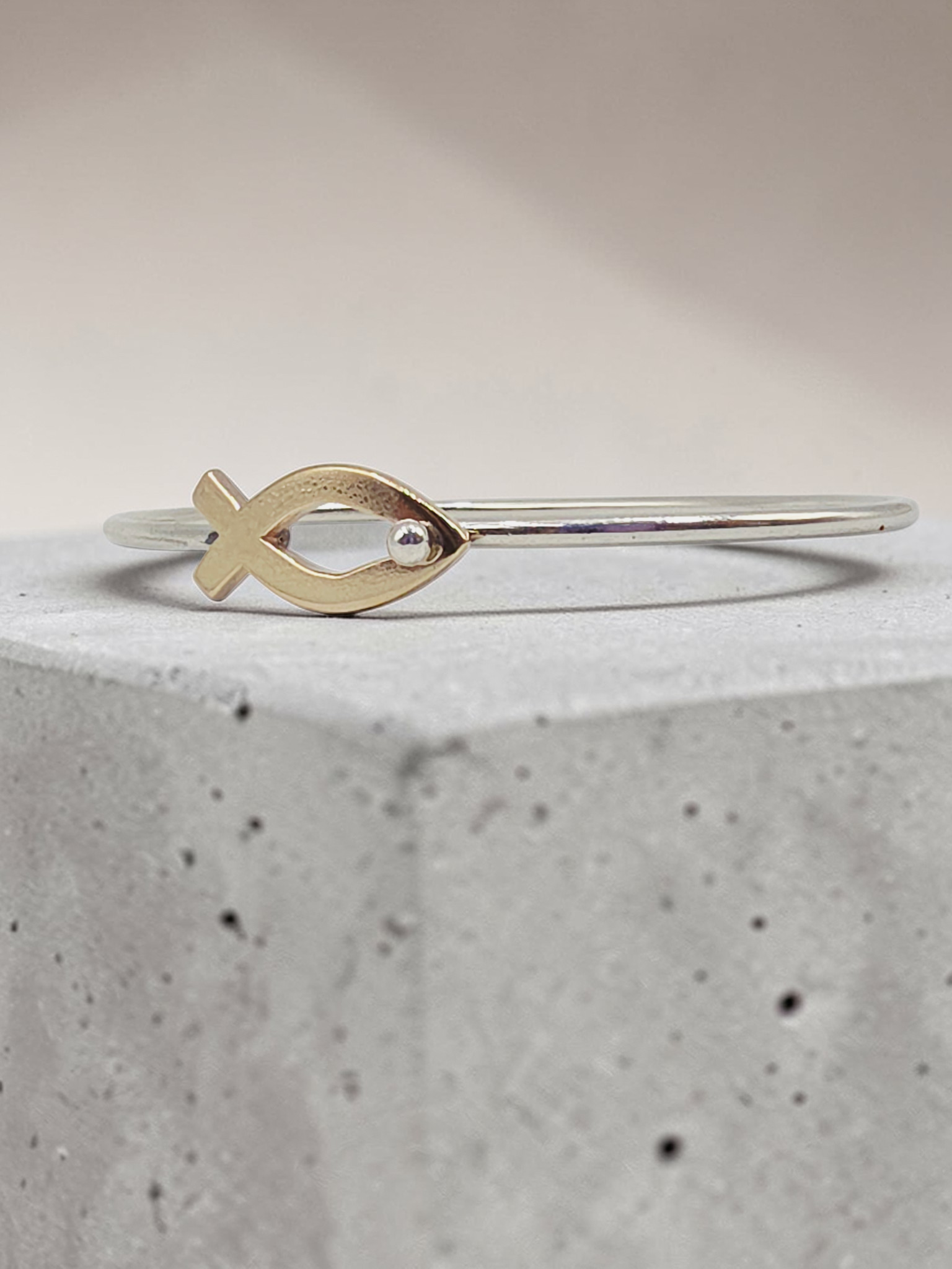 James Avery Sterling Silver Bangle Bracelet with Solid 14K Gold Ichthus - 7 Inch