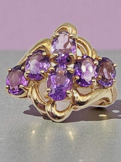 Solid 10K Yellow Gold Ring with Amethyst Cluster- Size 6
