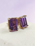 Solid 14K Yellow Gold Emerald Cut Amethyst Stud Earrings