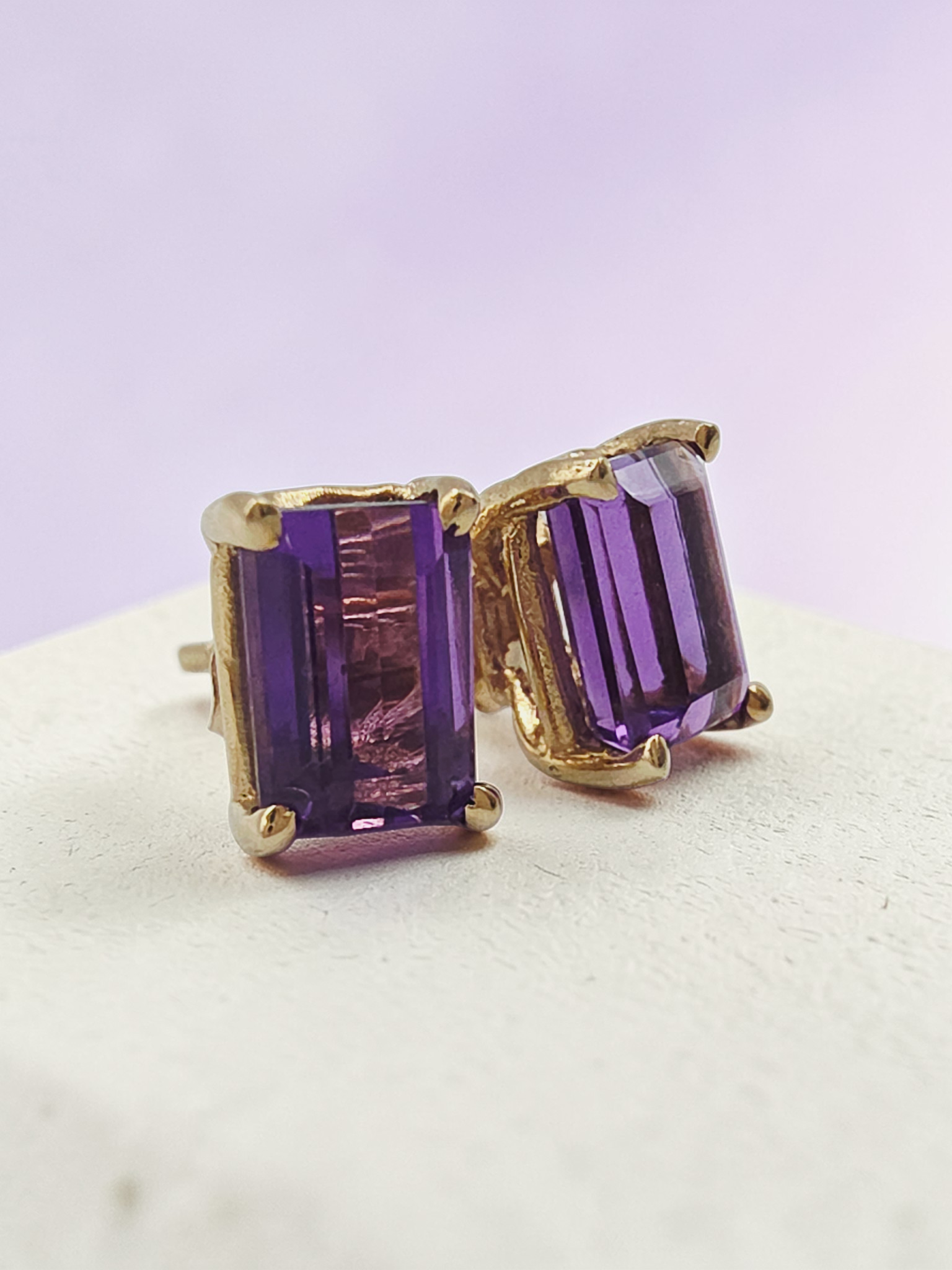 Solid 14K Yellow Gold Emerald Cut Amethyst Stud Earrings