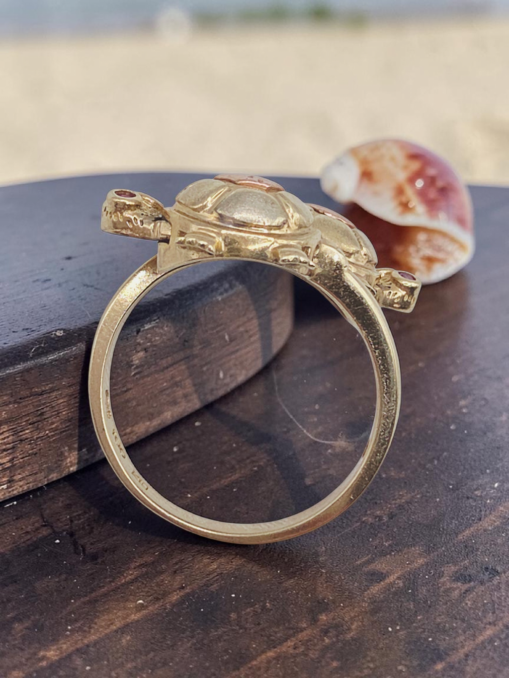 Solid 10K Tri Color Gold Turtle Ring with Articulating Heads and Ruby Eyes Sz 7