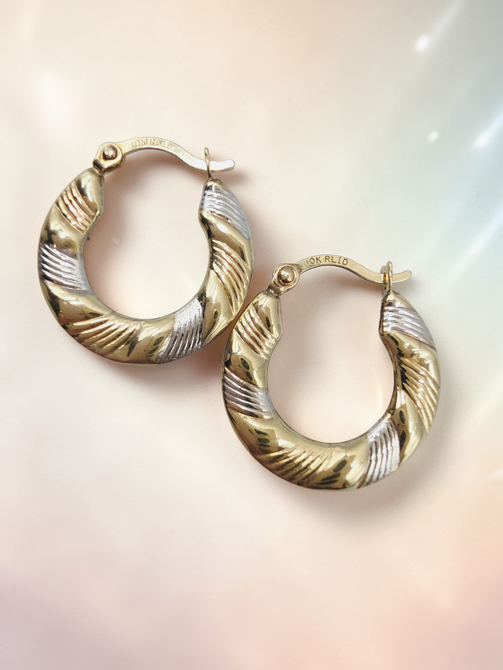 Solid 10K Two-Tone Gold Ribbed Textured Hoop Earrings
