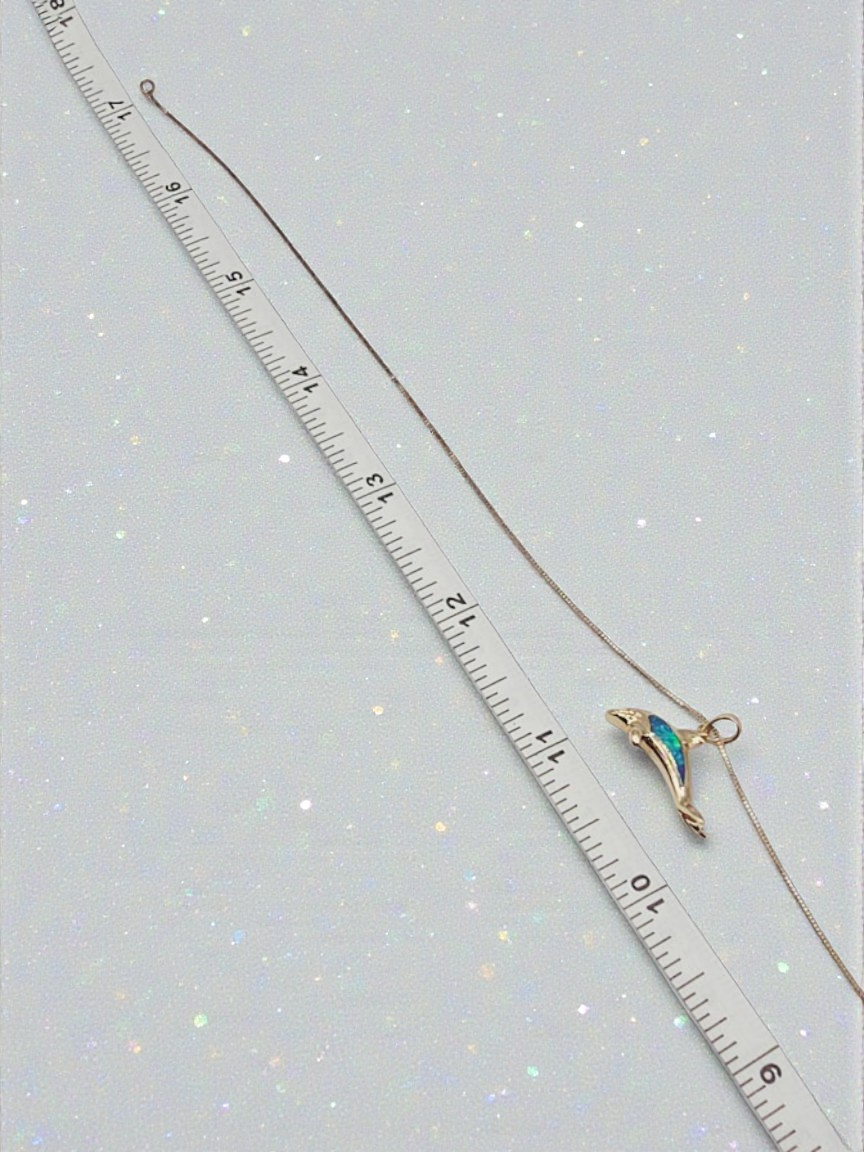 Solid 14K Yellow Gold Necklace with Opal Dolphin Pendant 17 Inches
