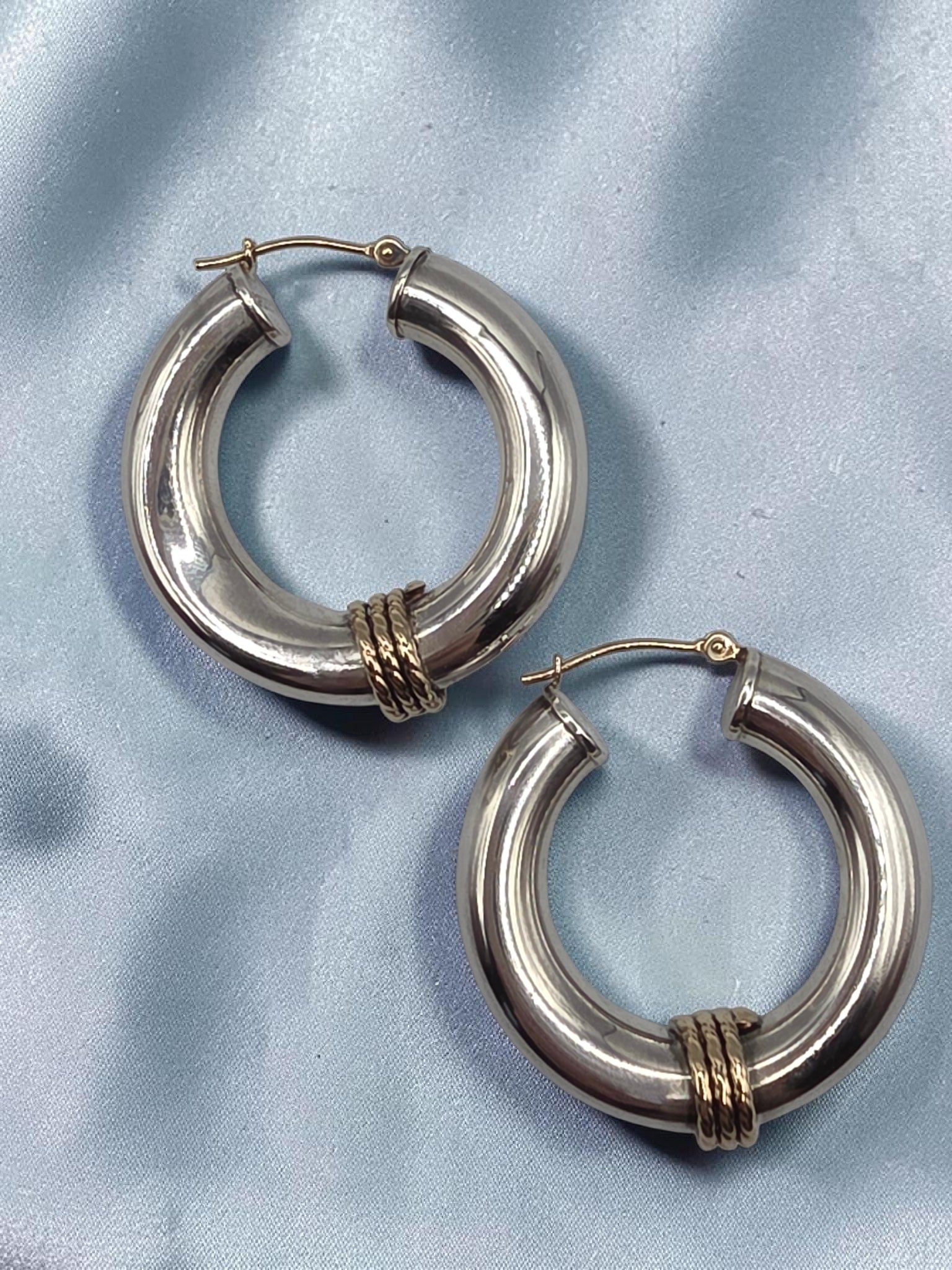 925 Sterling Silver Hoop Earrings with Solid 14K Gold Twisted Rope Accents