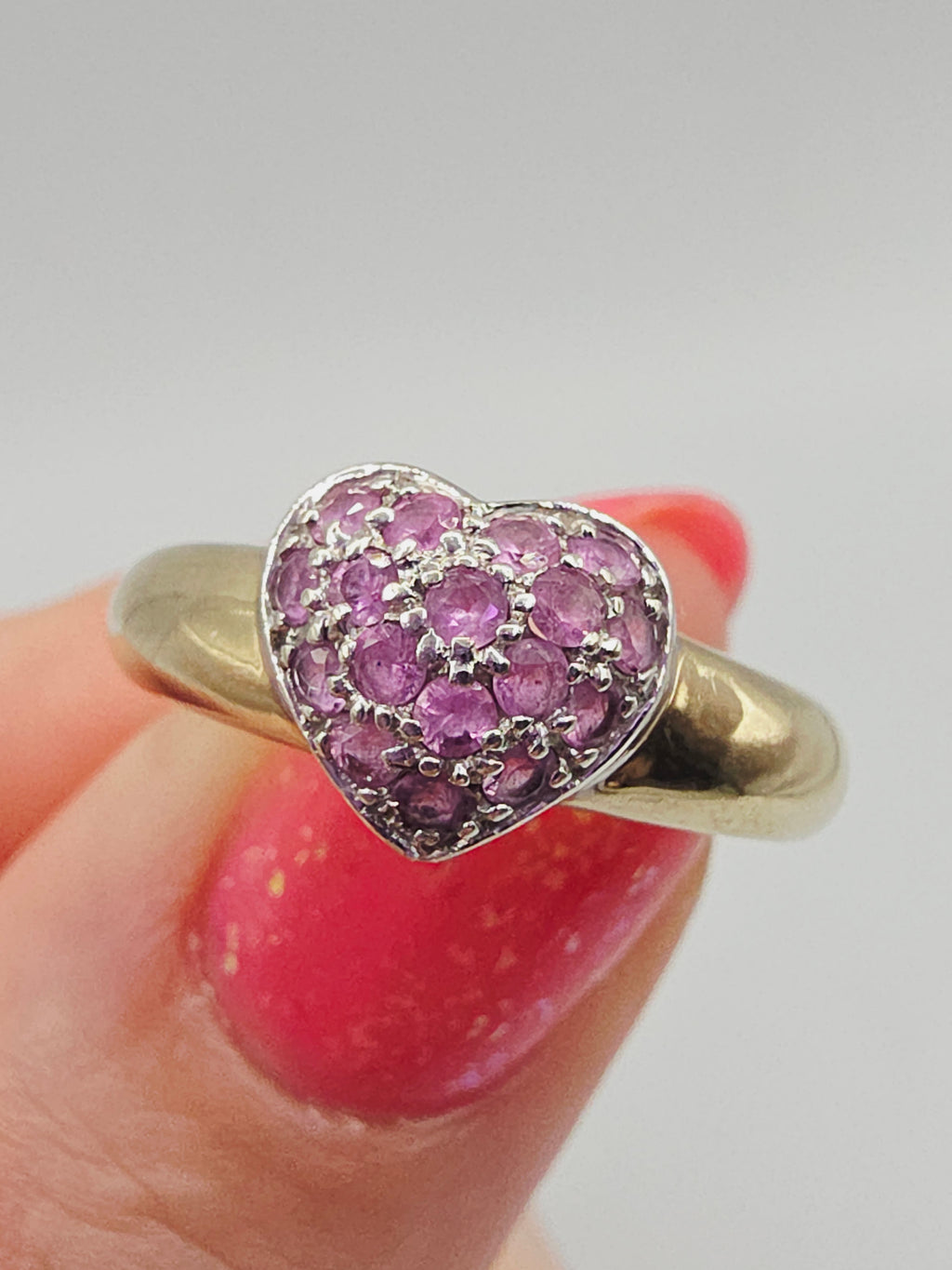 Solid 10K Yellow Gold Ring with Pink Sapphire Heart – Size 6.75