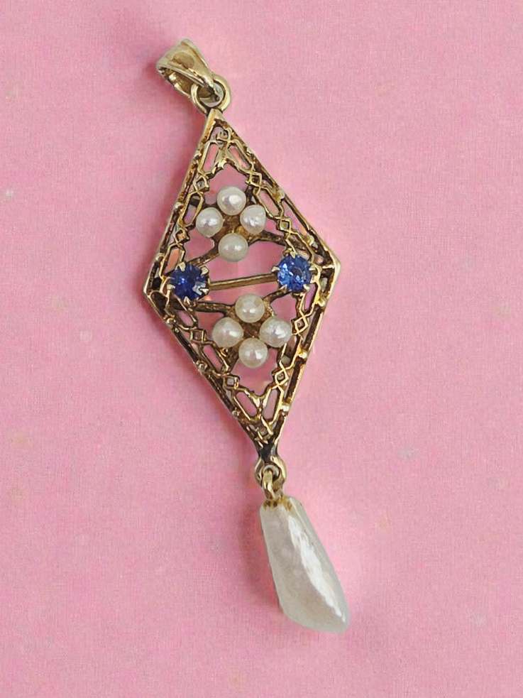 Edwardian Solid 14K Yellow Gold Lavalier Pendant with Pearls and Sapphires