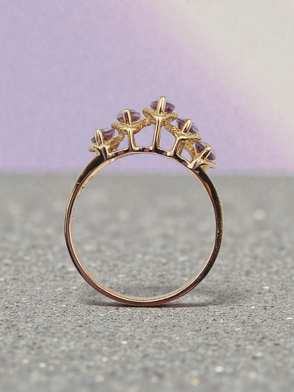 Solid 10K Yellow Gold Ring with Marquise Cut Amethysts Size 7