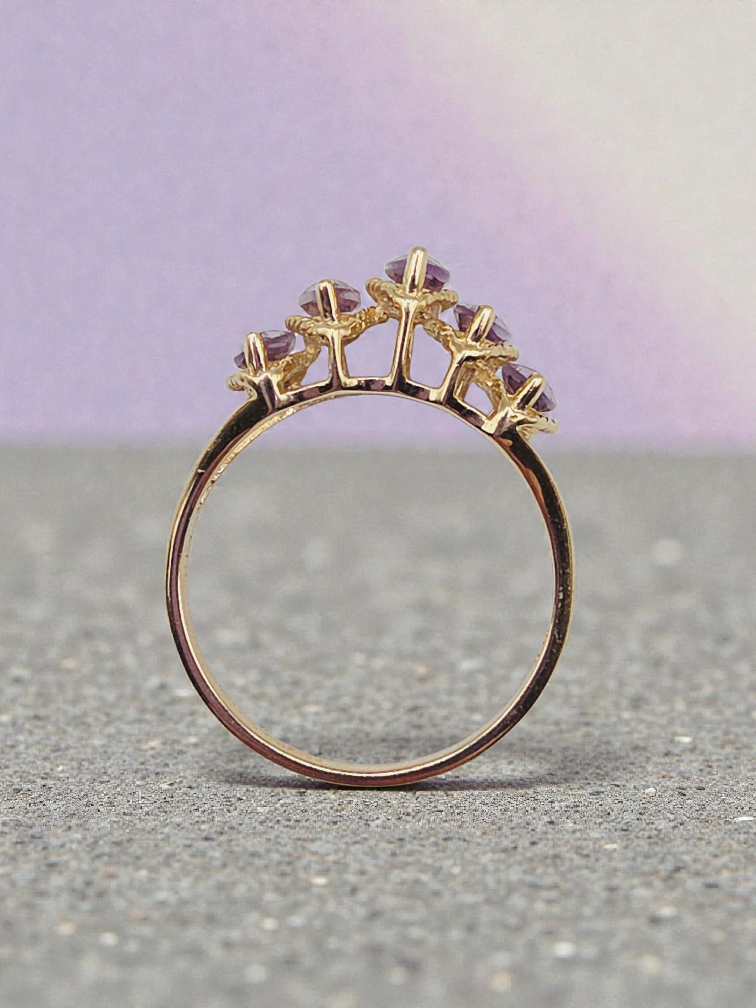 Solid 10K Yellow Gold Ring with Marquise Cut Amethysts Size 7