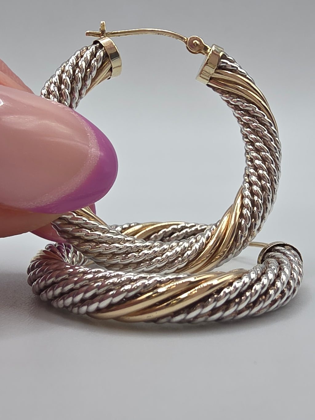 925 Sterling Silver Twisted Rope Hoop Earrings Solid 14K Yellow Gold Accents