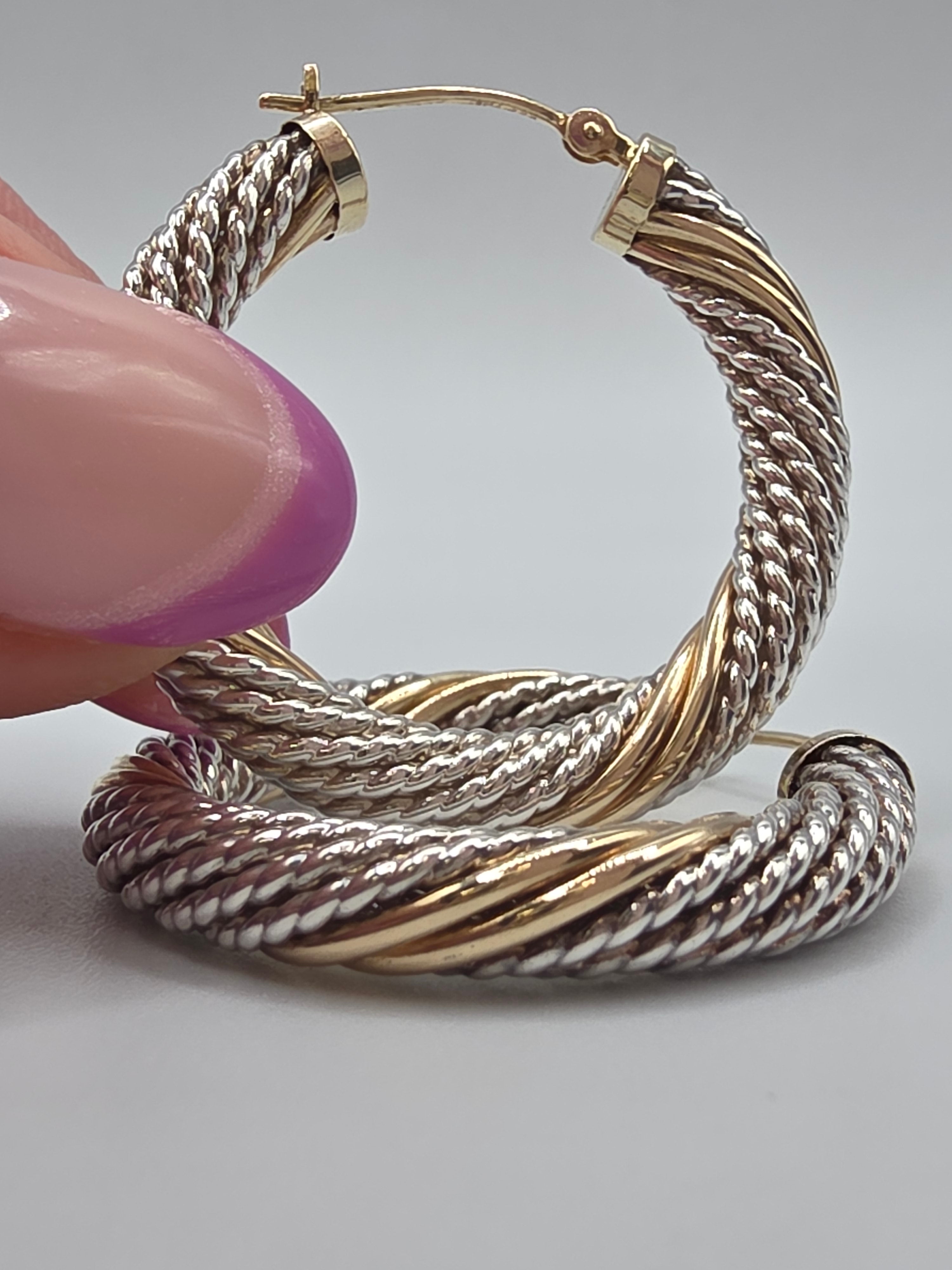 925 Sterling Silver Twisted Rope Hoop Earrings Solid 14K Yellow Gold Accents