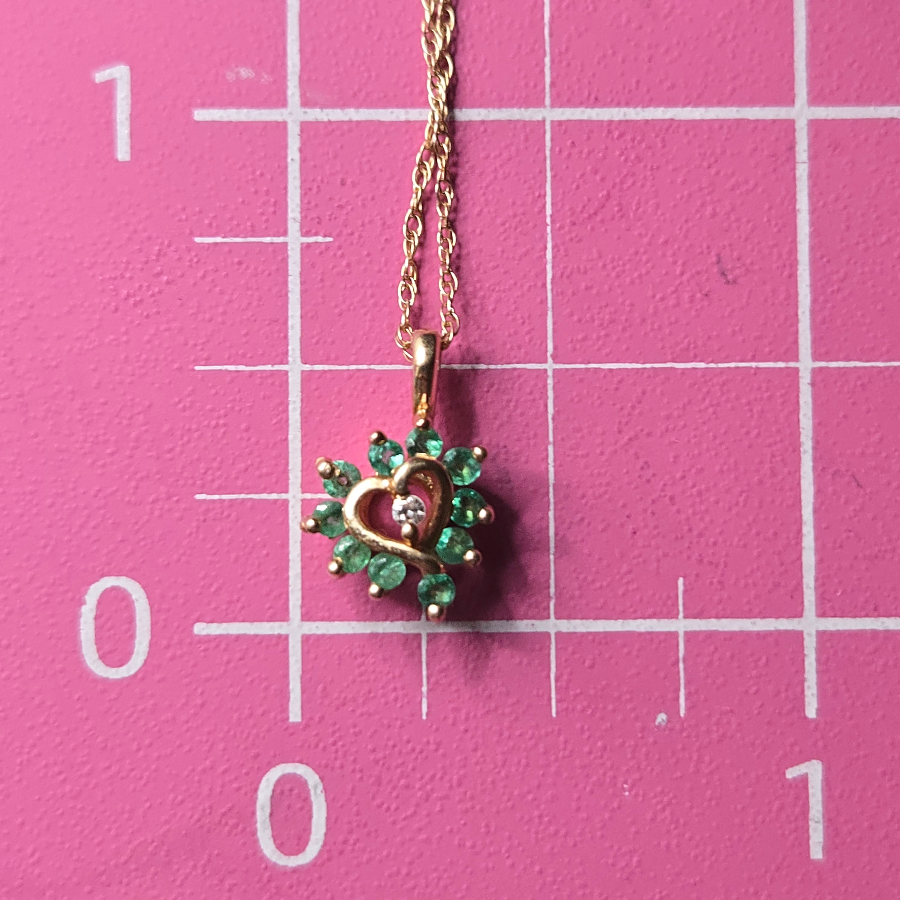 Solid 14K Yellow Gold Emerald & Diamond Heart Pendant Necklace 17.5"