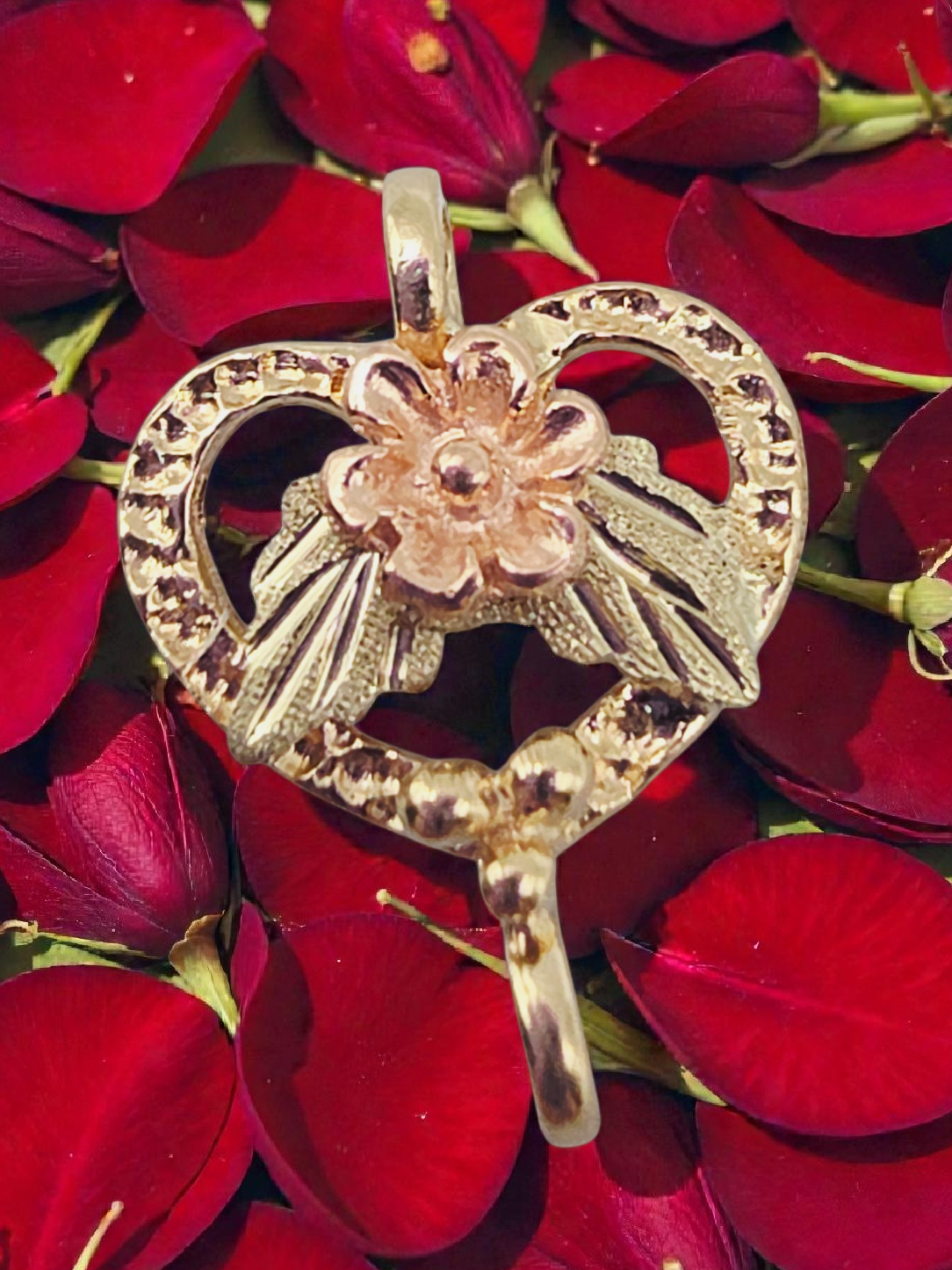 Black Hills Solid 10K Tri-Color Gold Rose Flower Heart Necklace Pendant