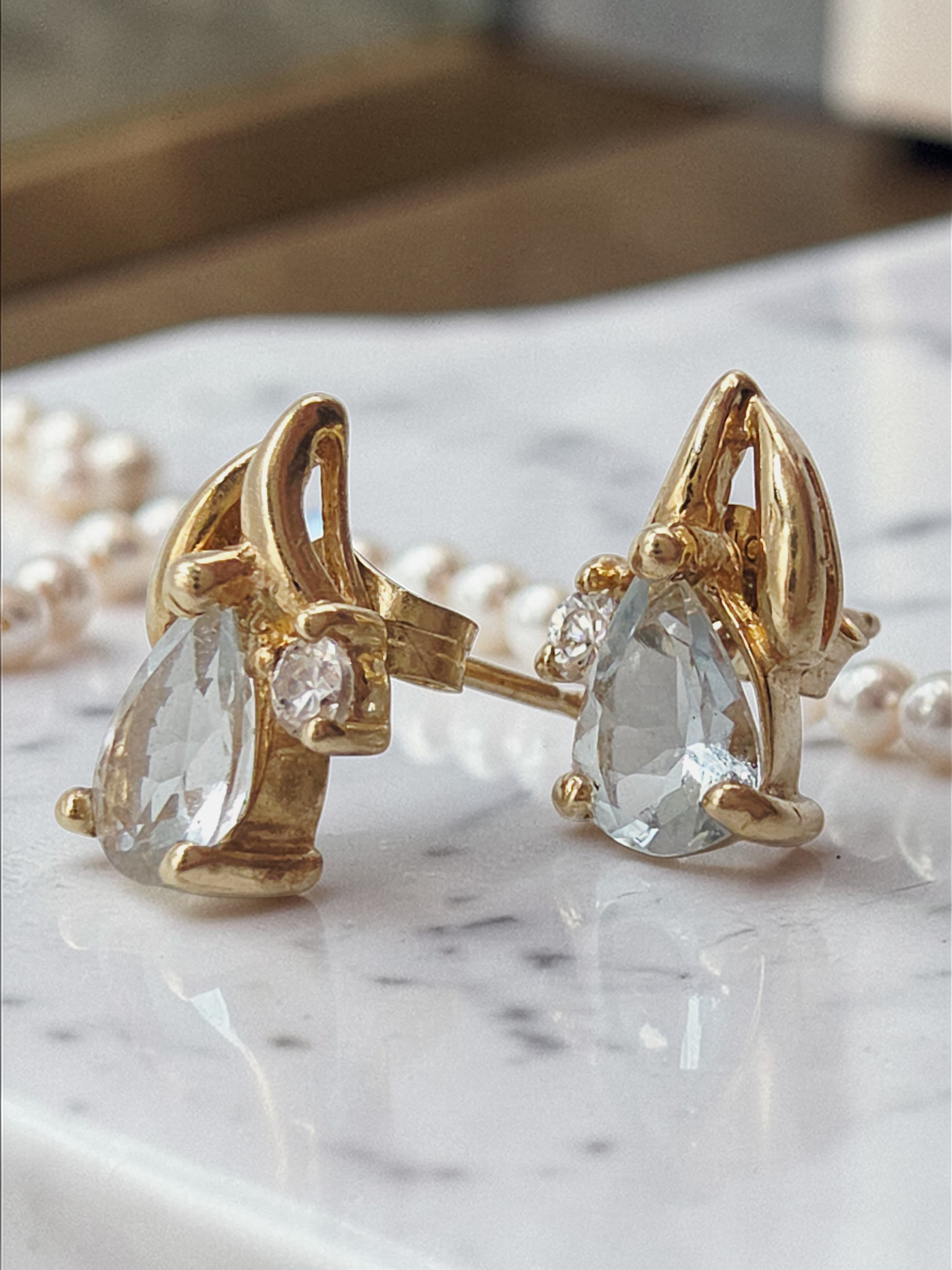 Solid 10K Yellow Gold Pear Cut Aquamarine Stud Earrings with CZ Accent