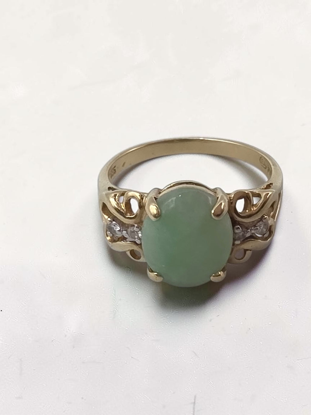 Vintage Designer East Arts Solid 14K Yellow Gold Jade & Diamond Ring Size - 6.25