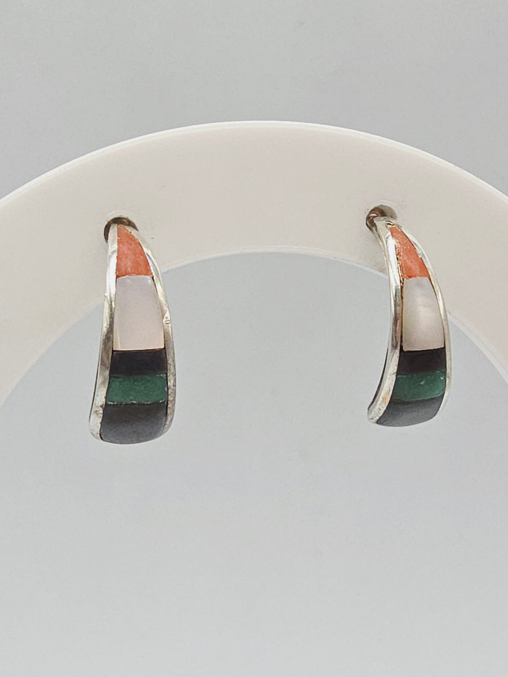 925 Sterling Silver Inlay Earrings Mother of Pearl Enamel Southwest Style