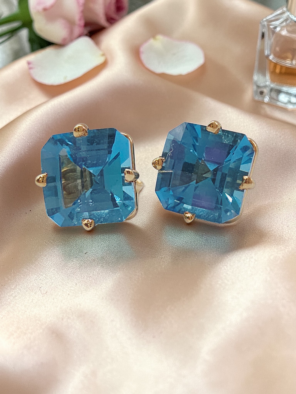 Solid 14K Yellow Gold Cushion Cut Blue Topaz Stud Earrings