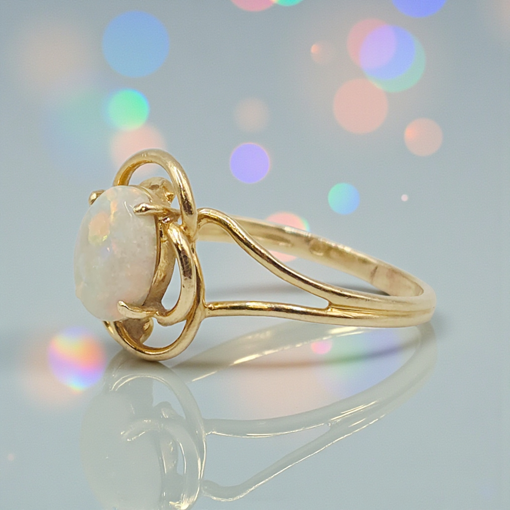 Solid 14KP Yellow Gold Ring with Opal and Diamond Accent – Size 8.25