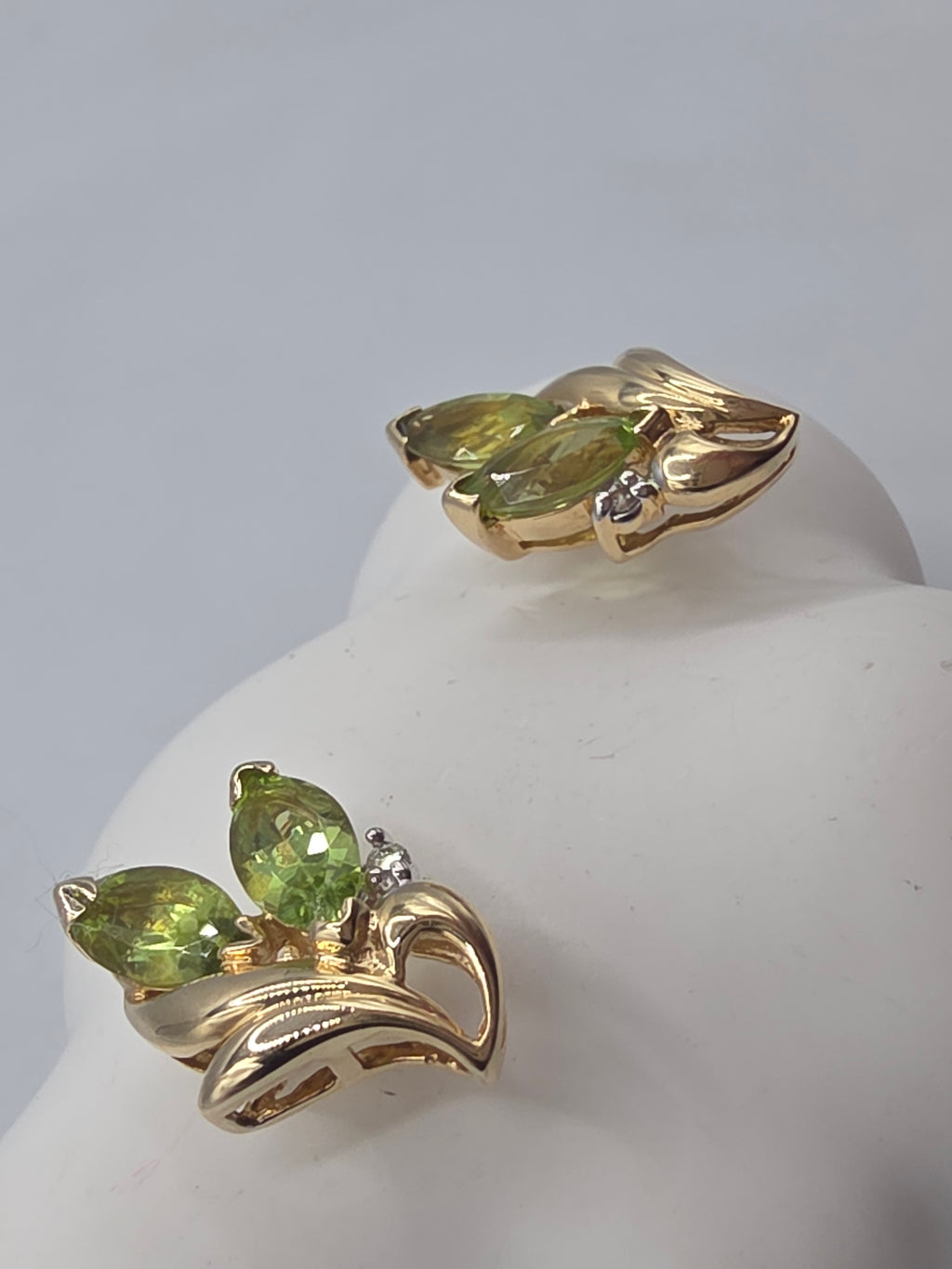 Solid 14K Yellow Gold Marquise Peridot and Diamond Floral Stud Earrings