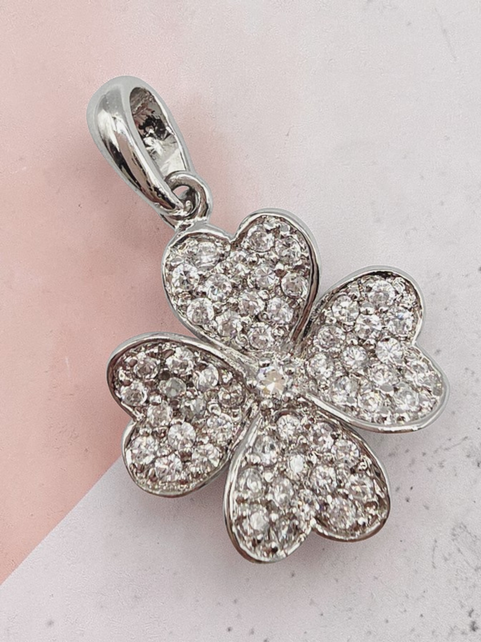925 Sterling Silver Four Leaf Heart Clover CZ Necklace Pendant
